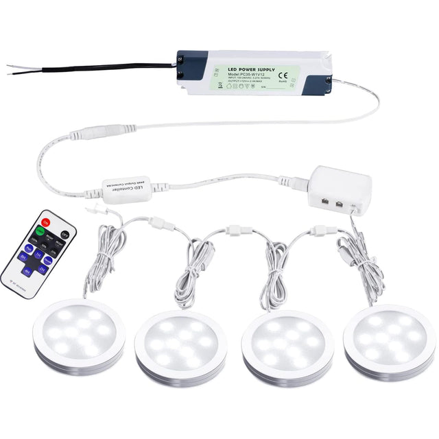 Aiboo länkbar LED under skåpsbelysning hårdkopplad 12V slim aluminium dimbar pucklampa med fjärrkontroll för belysning av skåp (4 lampor, dagsljusvit, utan väggadapter)