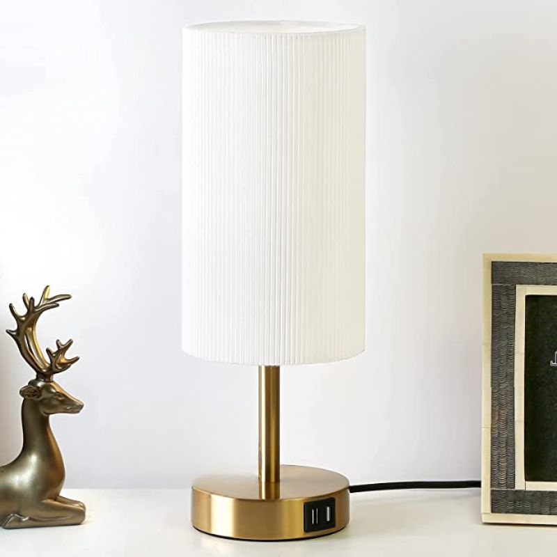 Lampa med USB-anslutning Touch-Control Bordslampa för Sovrum Trä 3-stegs dimbar Sänglampa med Rund Linne Skärm för Vardagsrum, Studentrum, Hemmakontor