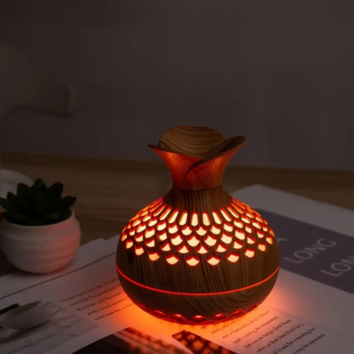 Aromaterapi luftfuktare med LED – Diffuser i trälook &amp; nattljus