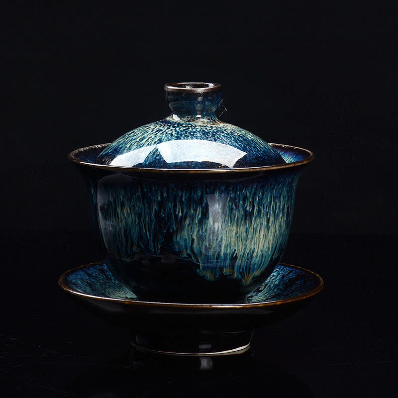 Vintage Ugn Keramisk Gaiwan Sancai Tekopp Tekopp och Fat med Lock