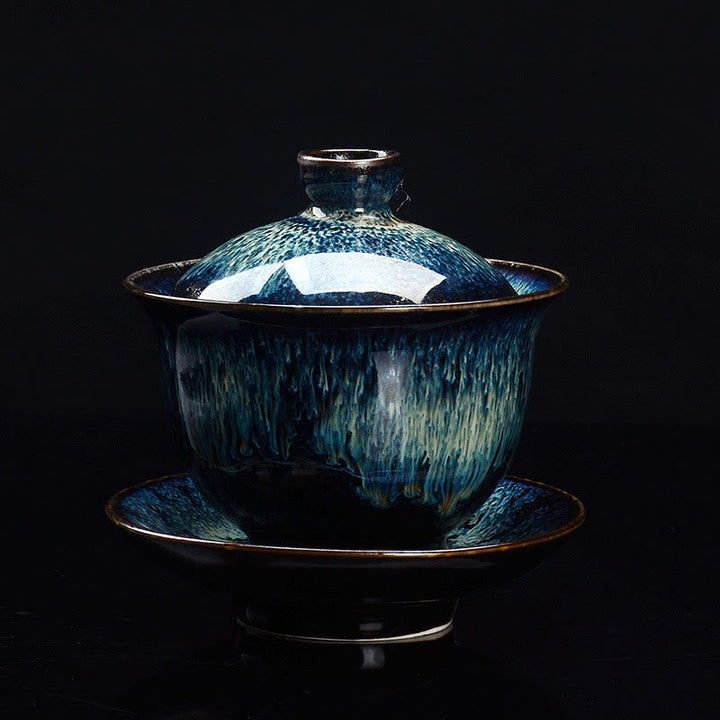 Vintage Ugn Keramisk Gaiwan Sancai Tekopp Tekopp och Fat med Lock
