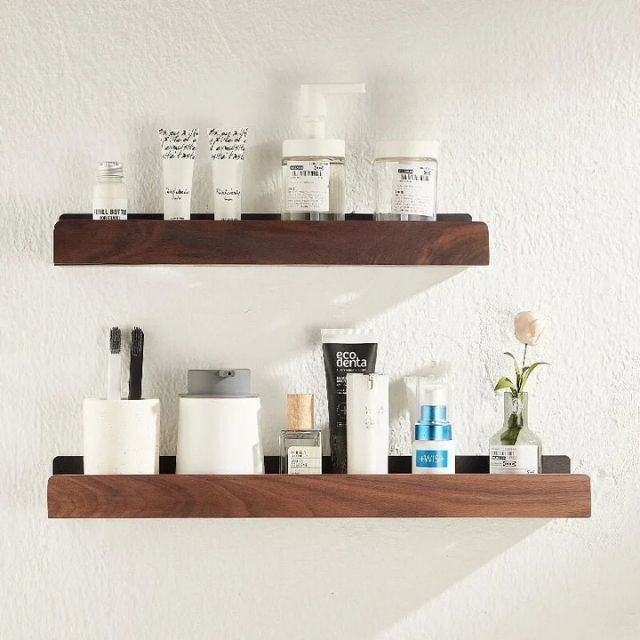 Solid Wood Bathroom Organizer Shelves Without Drilling
