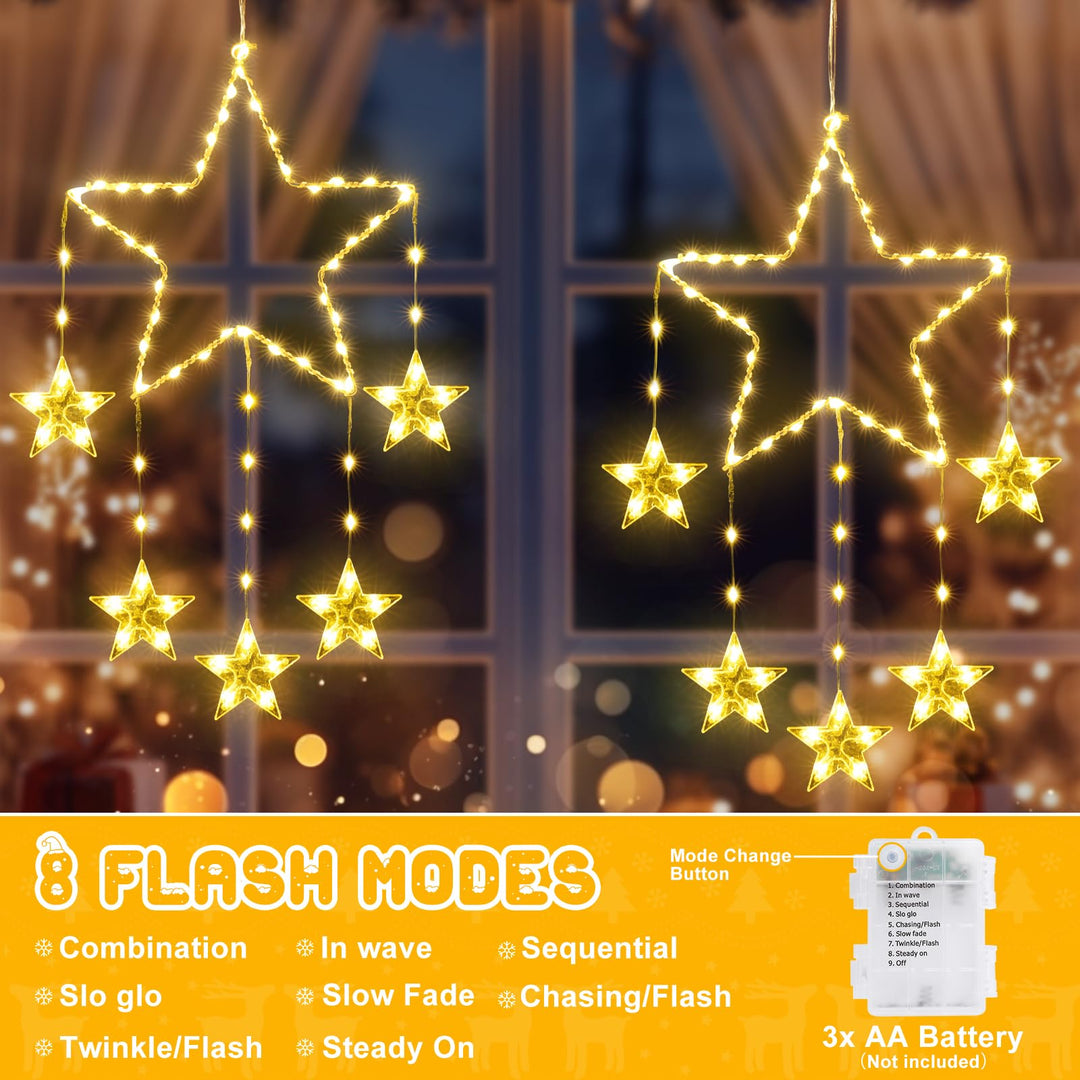Quntis 2Pcs 95cm Stora Julfönsterlampor, 84LED 12 Stjärnor Batteridrivna Julsilhuett Glittrande Stjärnljus med Timer Minne, 8 Lägen Jul Inomhus Utomhus Hängande Dekoration, Varm Vit