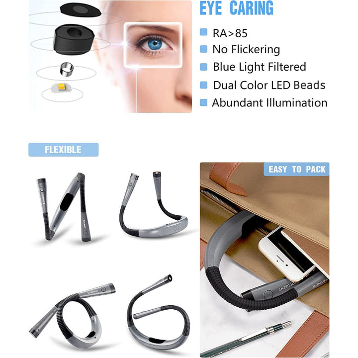 LED Nacklampa för Läsning, Boklampa för Läsning i Sängen, 3 färger, 6 Ljusstyrkenivåer, Flexibel Arm, Uppladdningsbar, Hållbar, Perfekt för Läsning, Stickning, Camping, Reparation