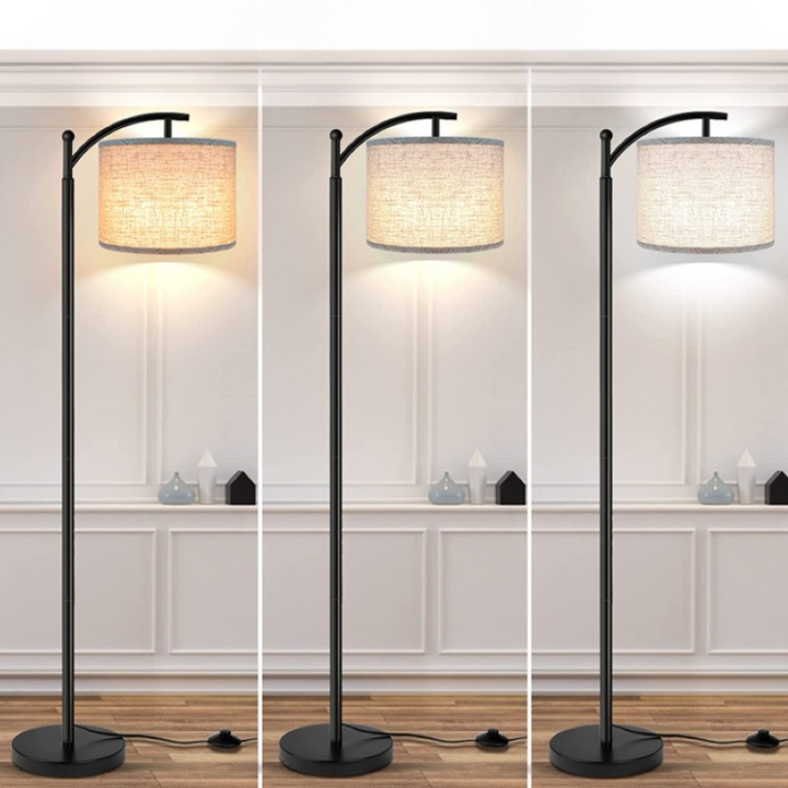 Golvlampa med 3 färgtemperaturer LED-lampa, golvlampa hög industriell golvlampa för läsning i sovrum, kontor, vit lampskärm ingår