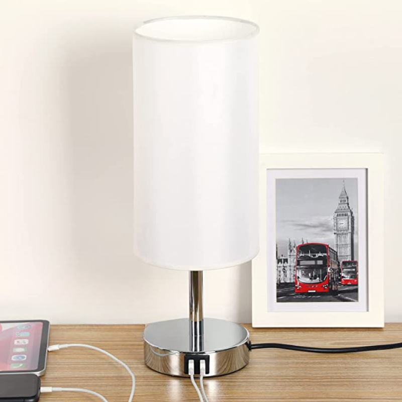 Lampa med USB-anslutning Touch-Control Bordslampa för Sovrum Trä 3-stegs dimbar Sänglampa med Rund Linne Skärm för Vardagsrum, Studentrum, Hemmakontor