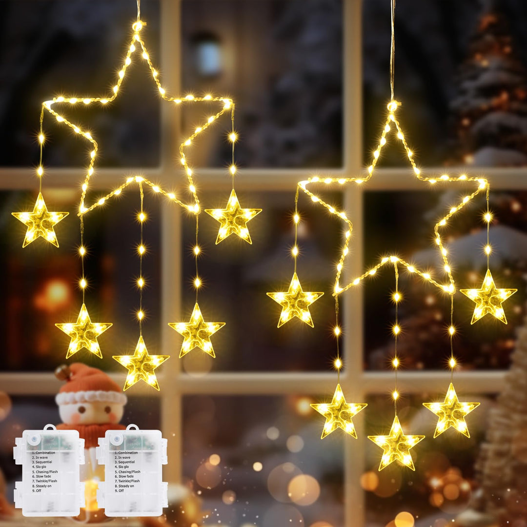 Quntis 2Pcs 95cm Stora Julfönsterlampor, 84LED 12 Stjärnor Batteridrivna Julsilhuett Glittrande Stjärnljus med Timer Minne, 8 Lägen Jul Inomhus Utomhus Hängande Dekoration, Varm Vit
