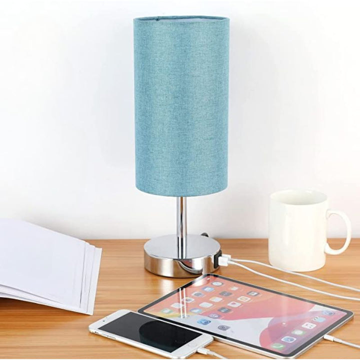 Lampa med USB-anslutning Touch-Control Bordslampa för Sovrum Trä 3-stegs dimbar Sänglampa med Rund Linne Skärm för Vardagsrum, Studentrum, Hemmakontor