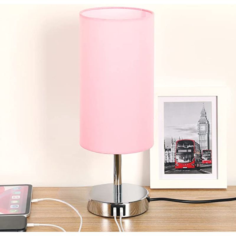 Lampa med USB-anslutning Touch-Control Bordslampa för Sovrum Trä 3-stegs dimbar Sänglampa med Rund Linne Skärm för Vardagsrum, Studentrum, Hemmakontor