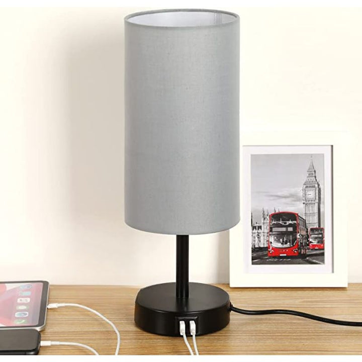 Lampa med USB-anslutning Touch-Control Bordslampa för Sovrum Trä 3-stegs dimbar Sänglampa med Rund Linne Skärm för Vardagsrum, Studentrum, Hemmakontor
