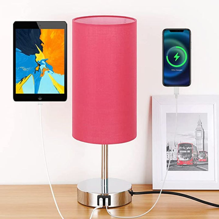 Lampa med USB-anslutning Touch-Control Bordslampa för Sovrum Trä 3-stegs dimbar Sänglampa med Rund Linne Skärm för Vardagsrum, Studentrum, Hemmakontor