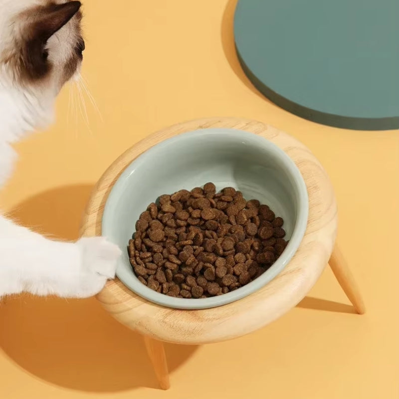 Misha Keramisk Upphöjd Kattskål med Träställning