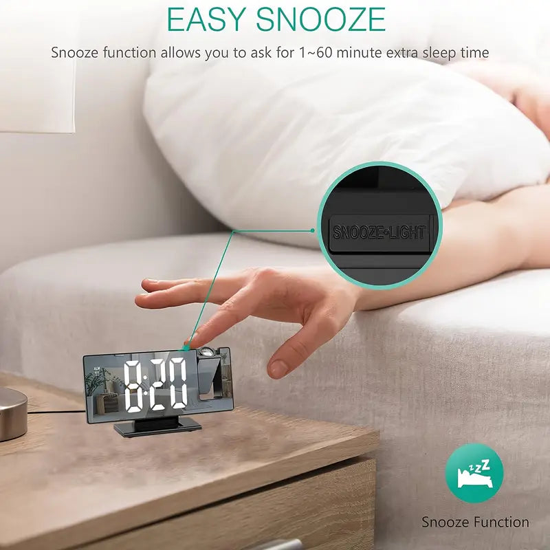 180° Justerbar LED-projektionsväckarklocka – Snooze, 12/24H Tids- och Temperaturvisning, Spegeldesign – USB-driven, Nattläge &amp; Minnesfunktion