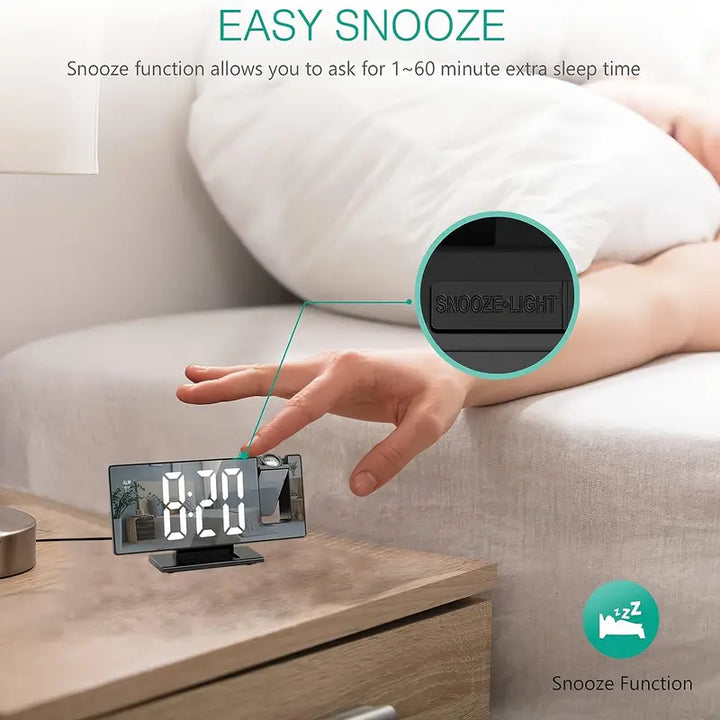 180° Justerbar LED-projektionsväckarklocka – Snooze, 12/24H Tids- och Temperaturvisning, Spegeldesign – USB-driven, Nattläge &amp; Minnesfunktion