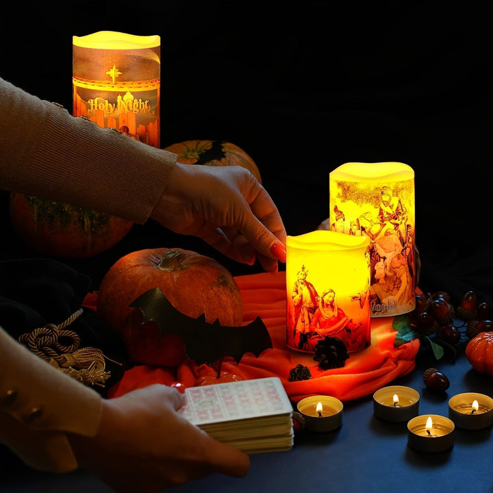 Flamefria LED-julgranar – 3-pack batteridrivna helgnattljus med timer och nativity-tema för en varm julstämning