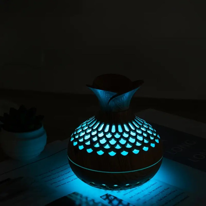 Aromaterapi luftfuktare med LED – Diffuser i trälook &amp; nattljus