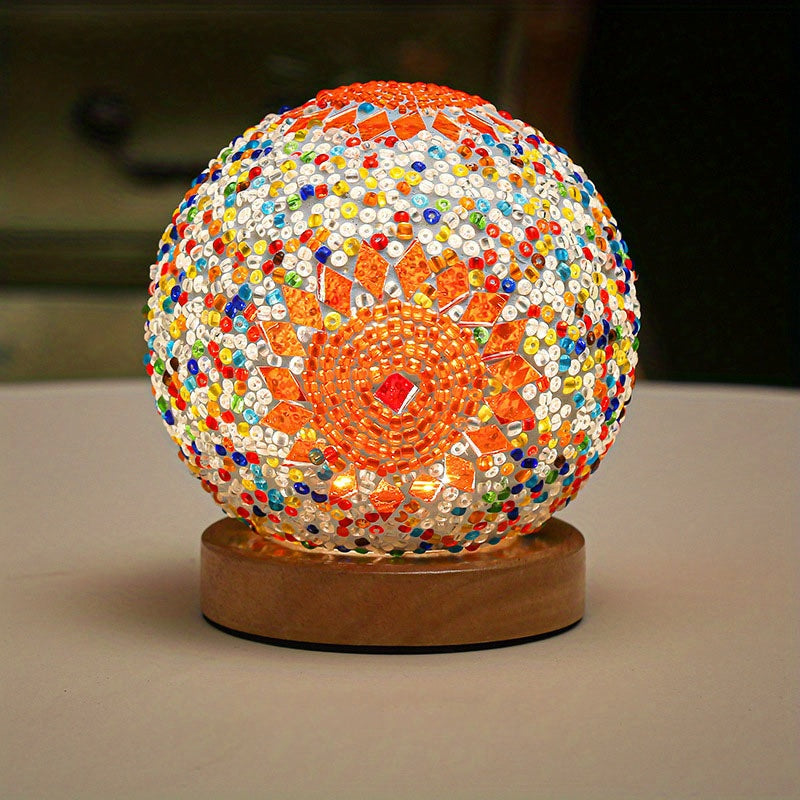 Mosaikglasboll bordslampa med träbas - Turkiskt marockanskinspirerad