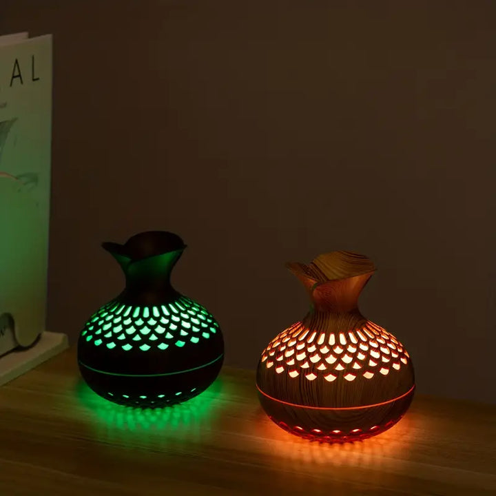 Aromaterapi luftfuktare med LED – Diffuser i trälook &amp; nattljus
