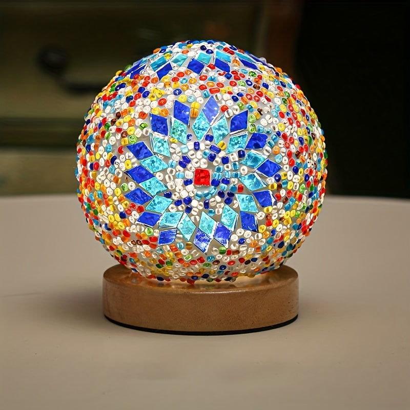Mosaikglasboll bordslampa med träbas - Turkiskt marockanskinspirerad