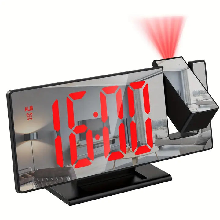 180° Justerbar LED-projektionsväckarklocka – Snooze, 12/24H Tids- och Temperaturvisning, Spegeldesign – USB-driven, Nattläge &amp; Minnesfunktion