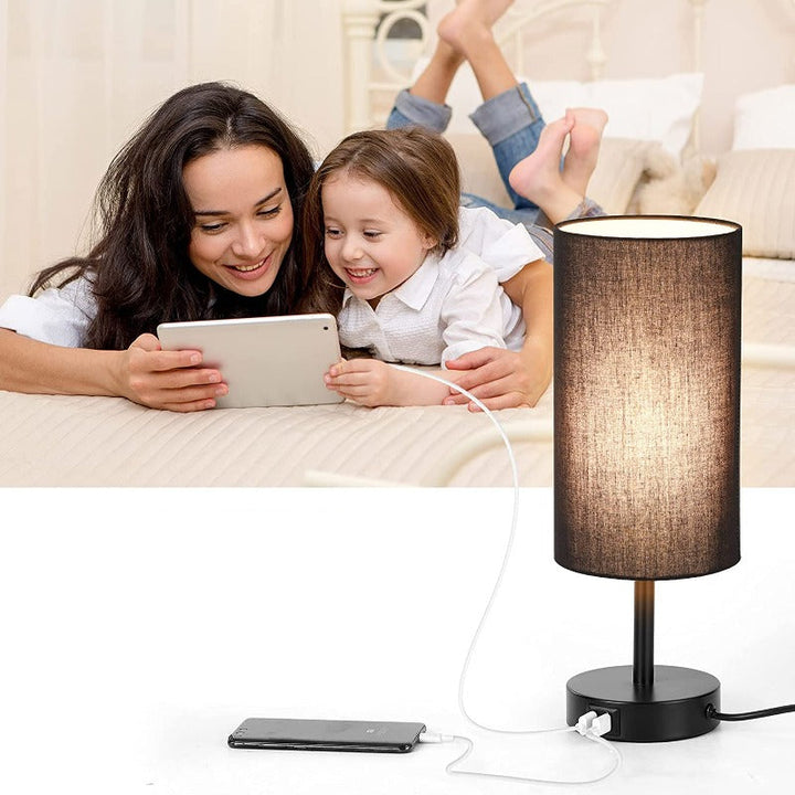 Lampa med USB-anslutning Touch-Control Bordslampa för Sovrum Trä 3-stegs dimbar Sänglampa med Rund Linne Skärm för Vardagsrum, Studentrum, Hemmakontor