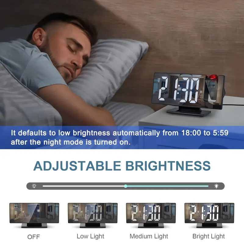 180° Justerbar LED-projektionsväckarklocka – Snooze, 12/24H Tids- och Temperaturvisning, Spegeldesign – USB-driven, Nattläge &amp; Minnesfunktion