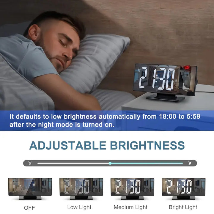 180° Justerbar LED-projektionsväckarklocka – Snooze, 12/24H Tids- och Temperaturvisning, Spegeldesign – USB-driven, Nattläge &amp; Minnesfunktion