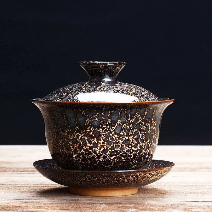 Vintage Ugn Keramisk Gaiwan Sancai Tekopp Tekopp och Fat med Lock