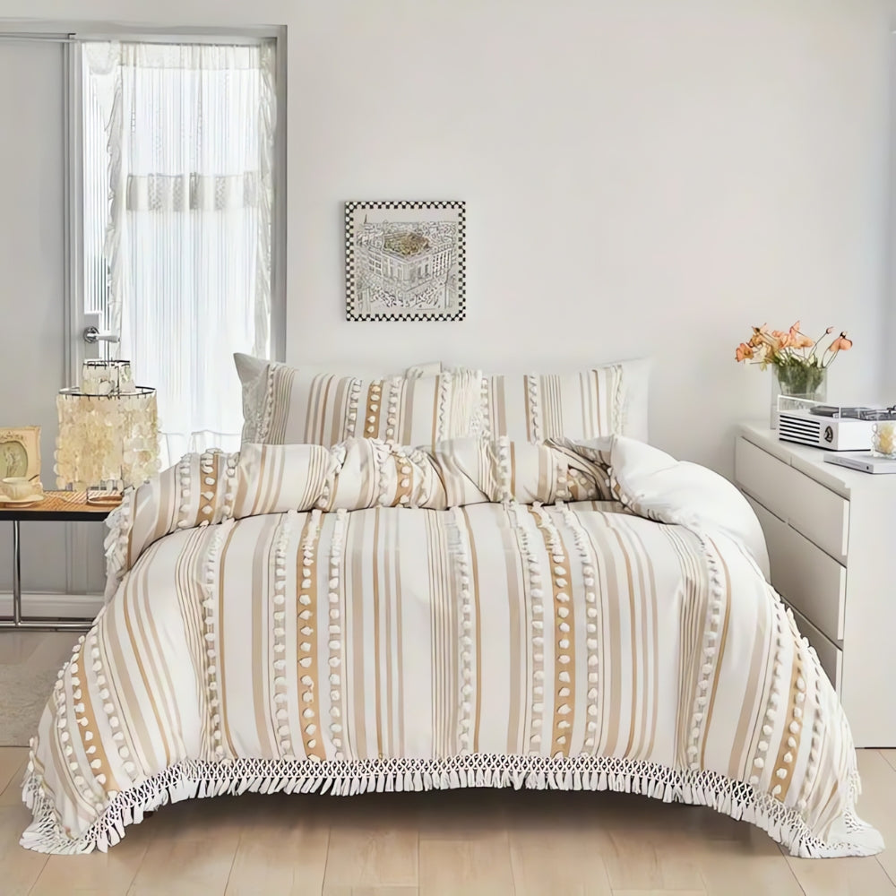 Mjukt Randig och Fringed Duvet Set | 3 delar