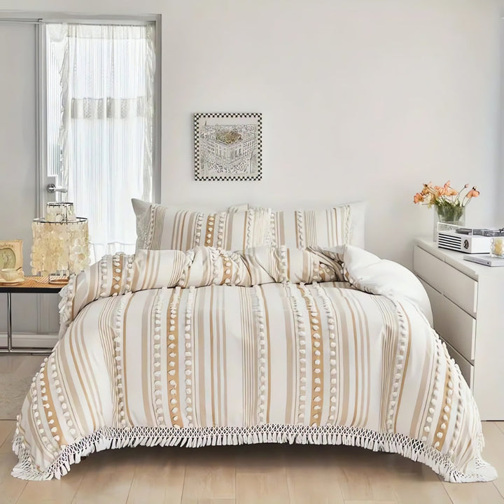 Mjukt Randig och Fringed Duvet Set | 3 delar