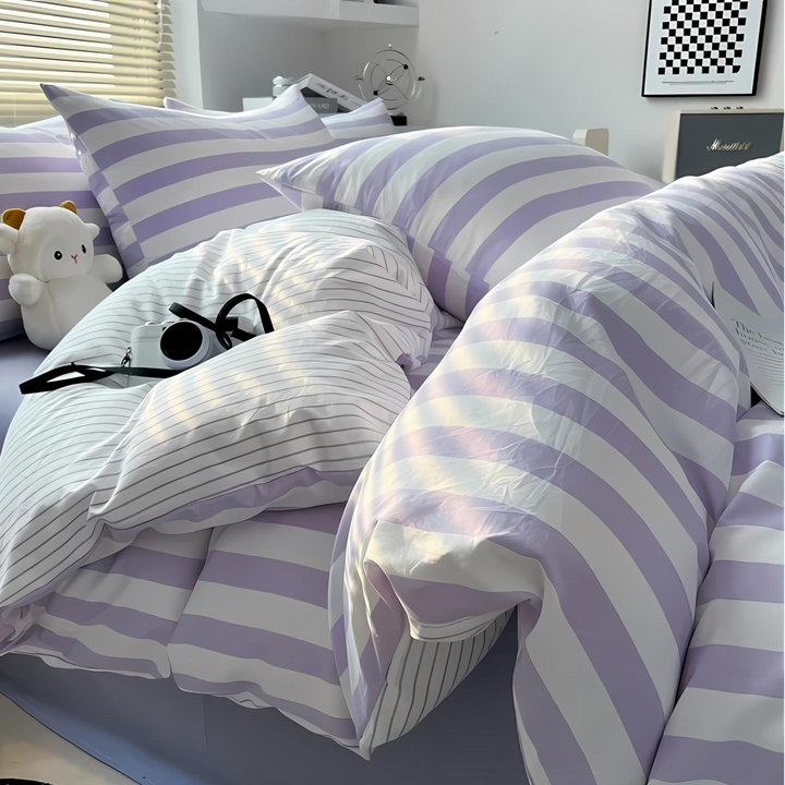 Elenorra Klassisk Randig Sängkläder Set 4 delar Duvet Överdrag Lakan