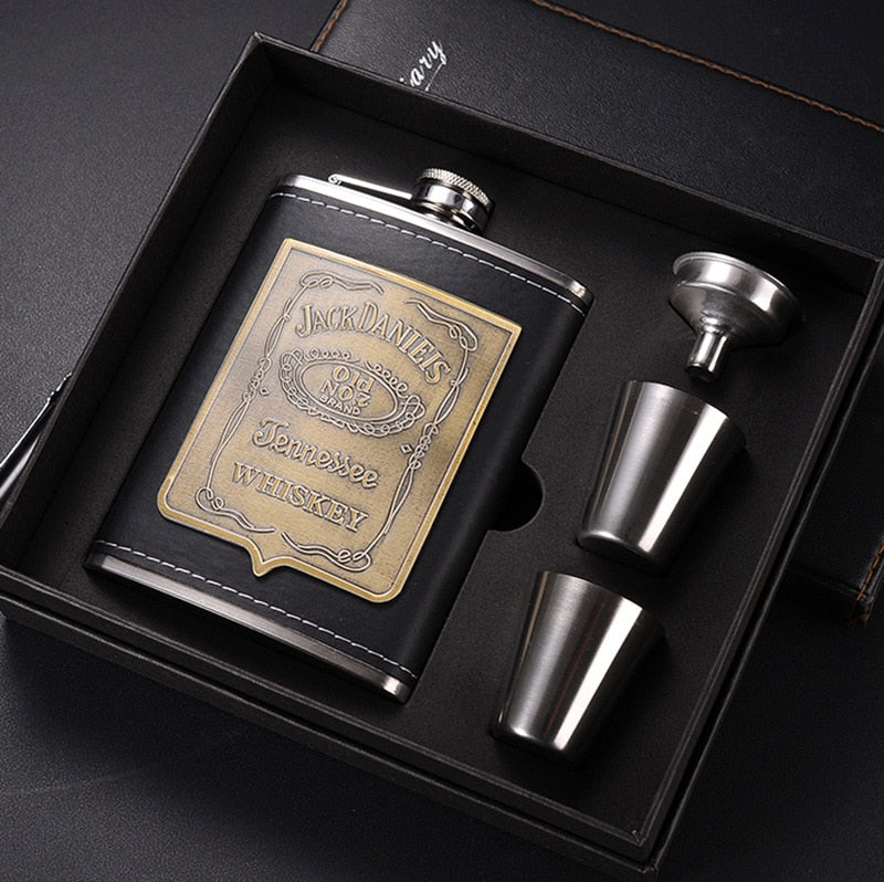 8oz Whiskyflaska i rostfritt stål med alkoholtratt, fickflaska, broderad förpackning i gyllene siden, presentaskset