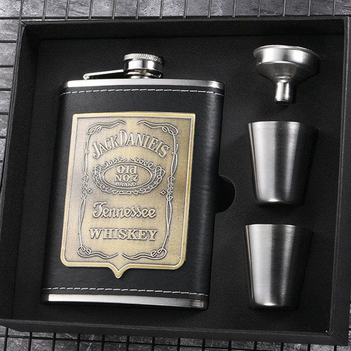 8oz Whiskyflaska i rostfritt stål med alkoholtratt, fickflaska, broderad förpackning i gyllene siden, presentaskset
