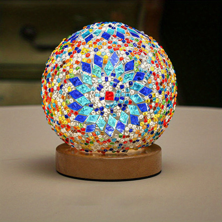 Mosaikglasboll bordslampa med träbas - Turkiskt marockanskinspirerad