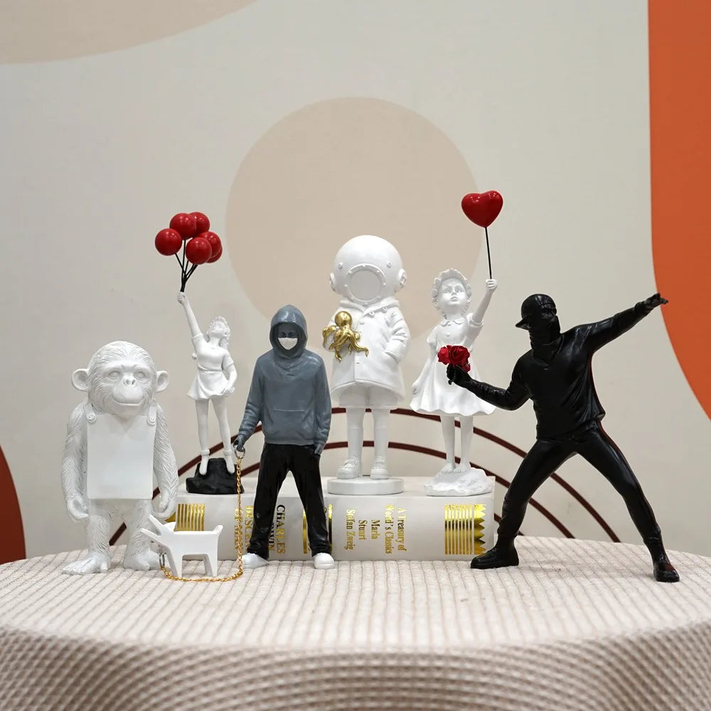 Dropshipping Banksy Skulptur Samling Blomsterkastare Staty Popkonst Modern Ballongflicka Figur Kontor Hem Dekoration
