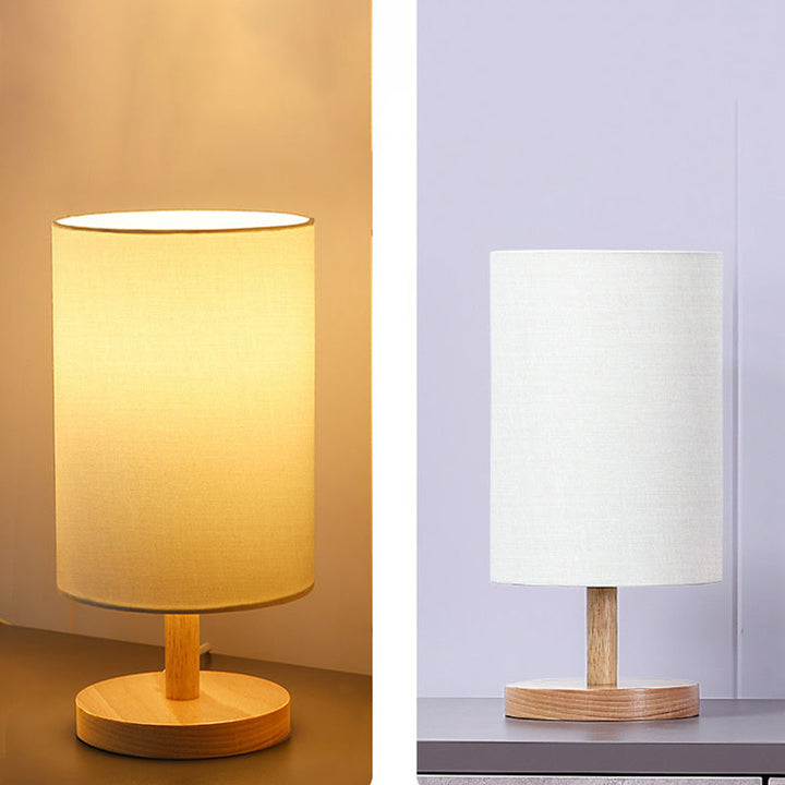 Traditionell japansk cylinder trä tyg 1-lamps bordslampa för vardagsrummet