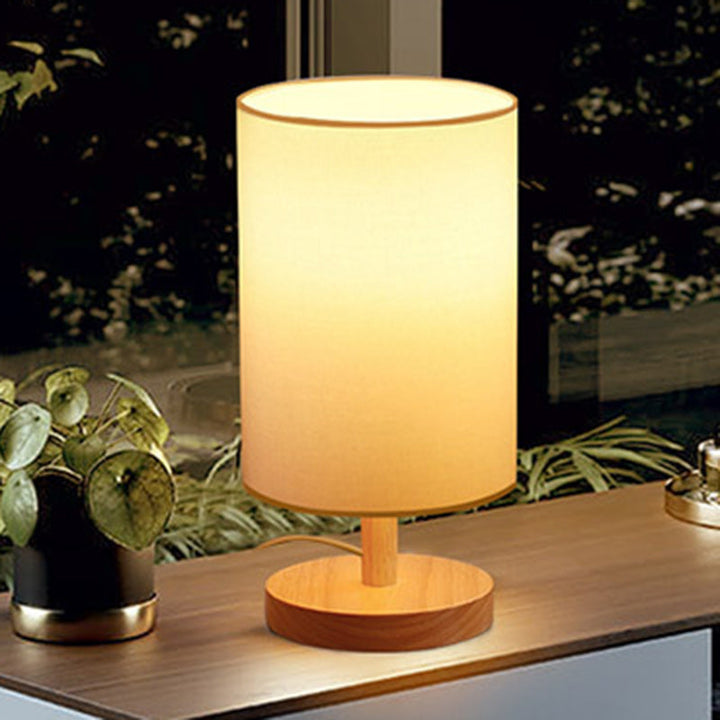Traditionell japansk cylinder trä tyg 1-lamps bordslampa för vardagsrummet