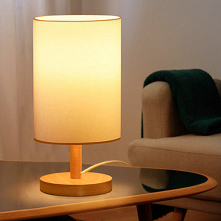 Traditionell japansk cylinder trä tyg 1-lamps bordslampa för vardagsrummet