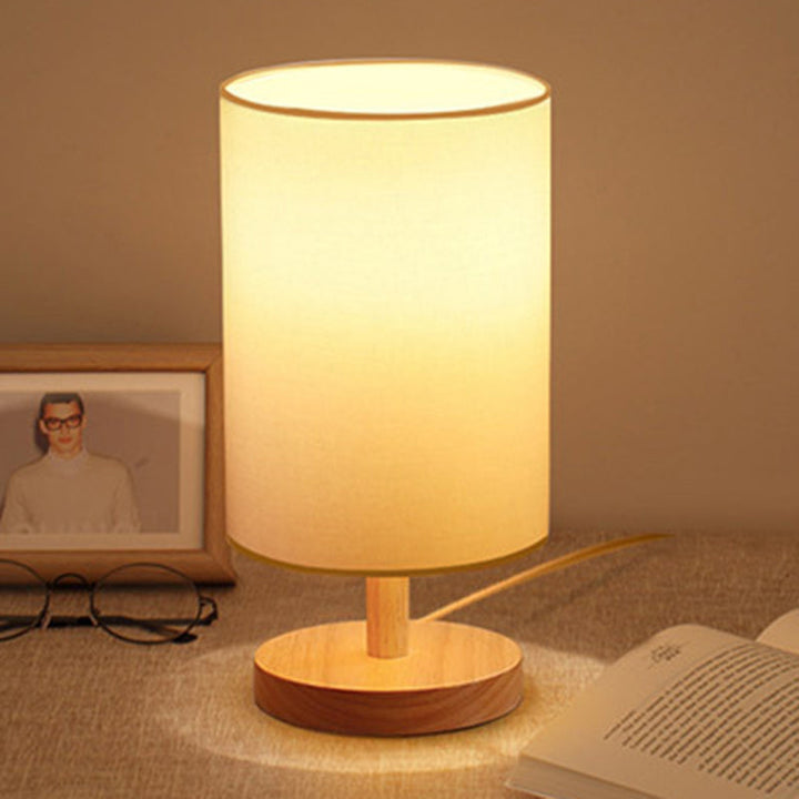 Traditionell japansk cylinder trä tyg 1-lamps bordslampa för vardagsrummet