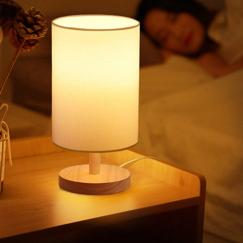 Traditionell japansk cylinder trä tyg 1-lamps bordslampa för vardagsrummet
