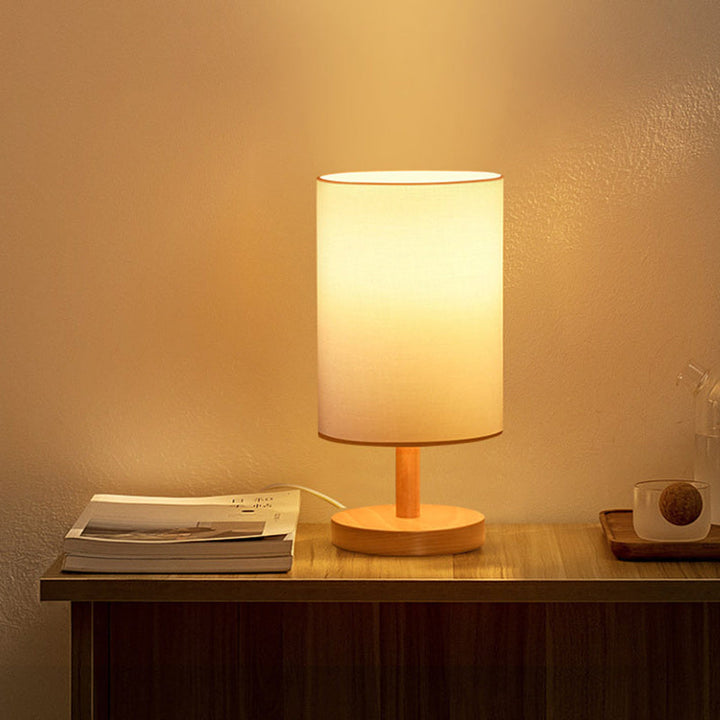 Traditionell japansk cylinder trä tyg 1-lamps bordslampa för vardagsrummet