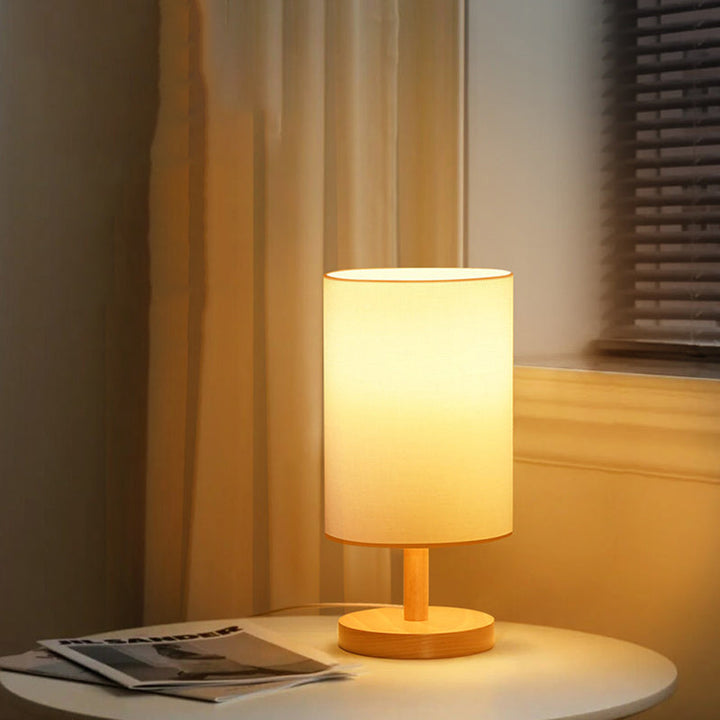 Traditionell japansk cylinder trä tyg 1-lamps bordslampa för vardagsrummet