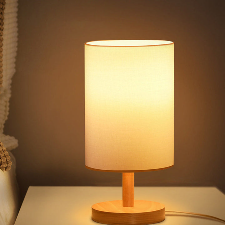 Traditionell japansk cylinder trä tyg 1-lamps bordslampa för vardagsrummet