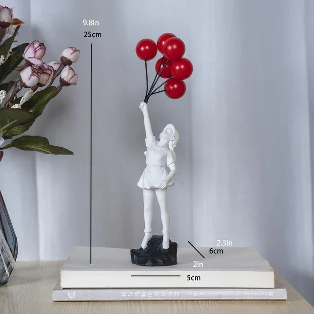 Skulptur av en flicka med ballong i Banksy-stil för bordsdekoration och kreativ inredning av vardagsrum