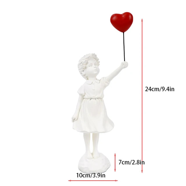 Skulptur av en flicka med ballong i Banksy-stil för bordsdekoration och kreativ inredning av vardagsrum