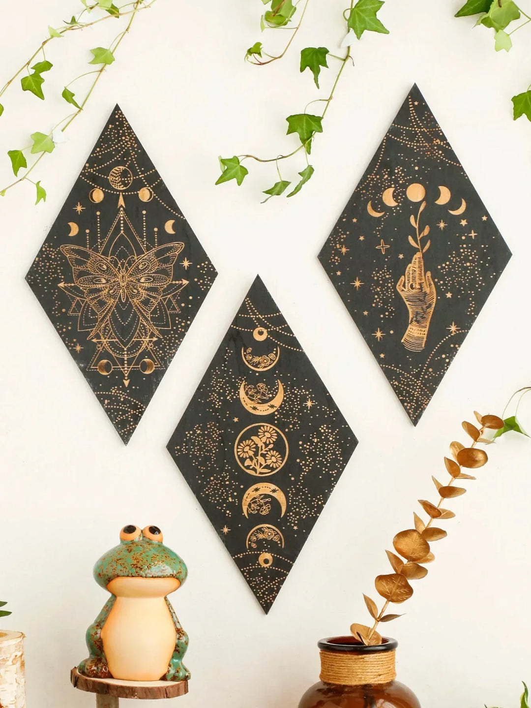 Svart Månfaser Träväggsdekoration Rhombus Väggkonst Boho Heminredning Häxa Tapestry Dekoration Rumsinredning Estetiskt Gåva