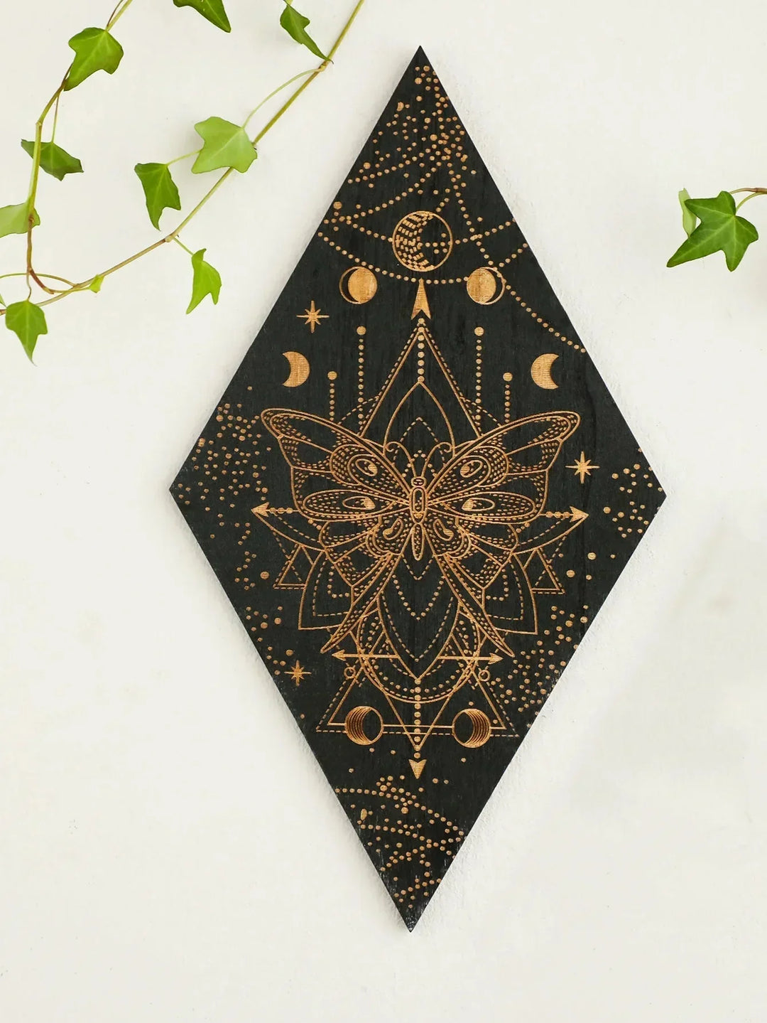 Svart Månfaser Träväggsdekoration Rhombus Väggkonst Boho Heminredning Häxa Tapestry Dekoration Rumsinredning Estetiskt Gåva