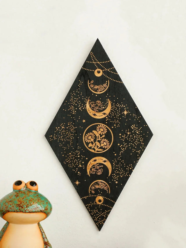 Svart Månfaser Träväggsdekoration Rhombus Väggkonst Boho Heminredning Häxa Tapestry Dekoration Rumsinredning Estetiskt Gåva