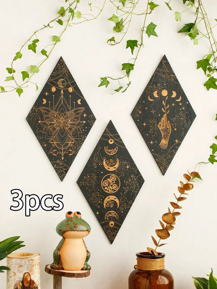 Svart Månfaser Träväggsdekoration Rhombus Väggkonst Boho Heminredning Häxa Tapestry Dekoration Rumsinredning Estetiskt Gåva