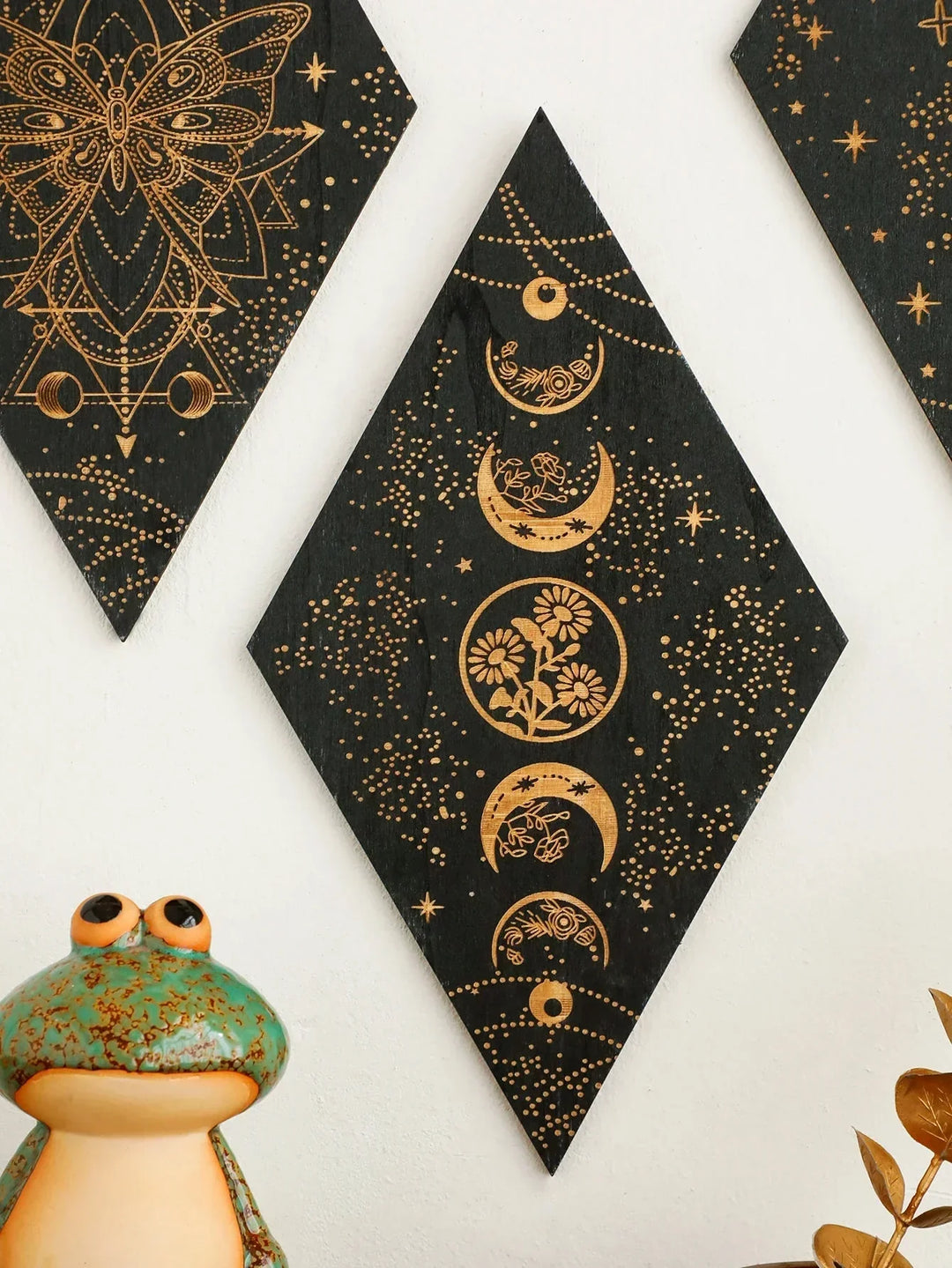 Svart Månfaser Träväggsdekoration Rhombus Väggkonst Boho Heminredning Häxa Tapestry Dekoration Rumsinredning Estetiskt Gåva